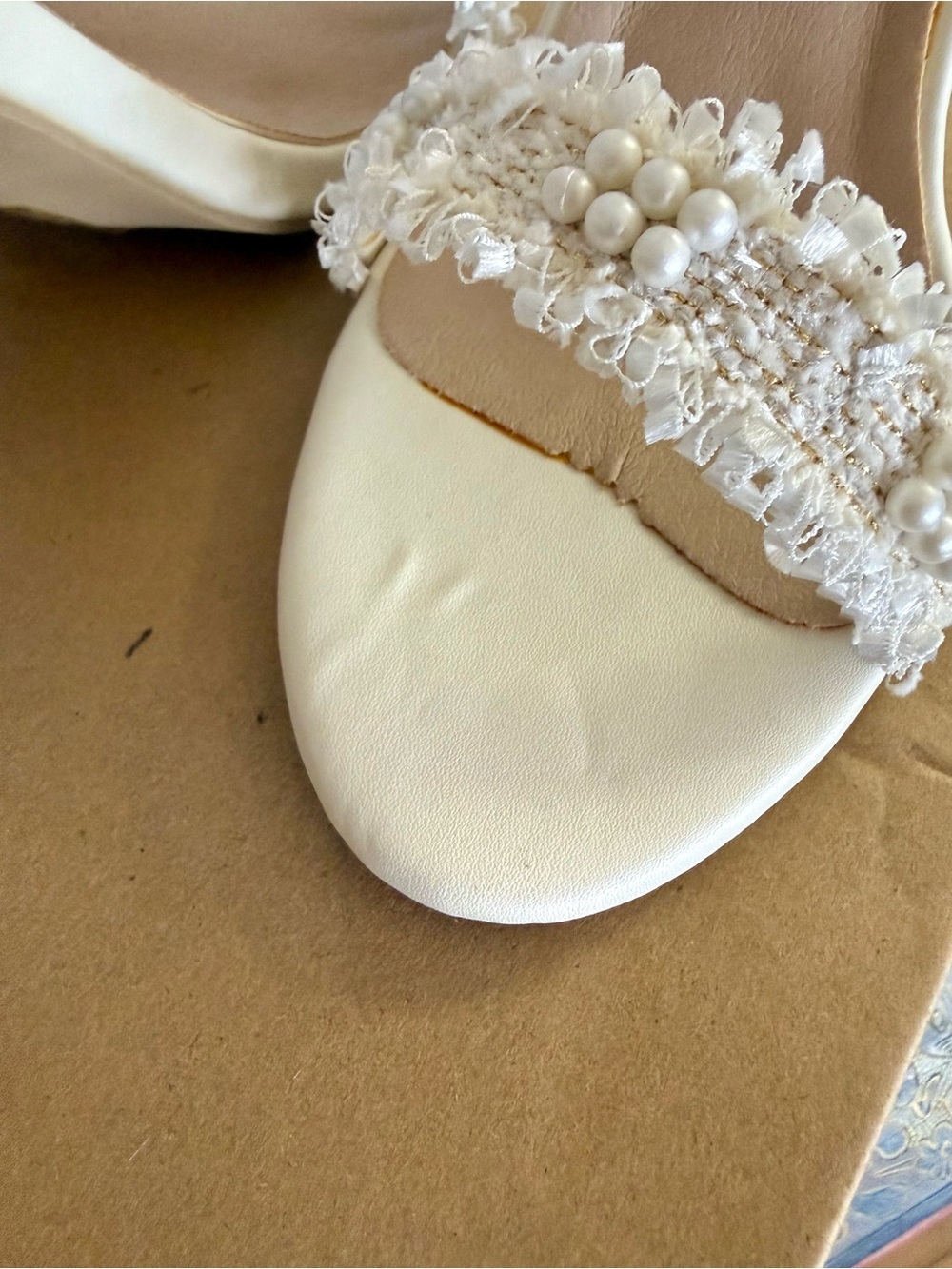 Pearl-Embellished Tweed Ivory Ankle-Strap Stiletto Sandals - Picture 5 of 5